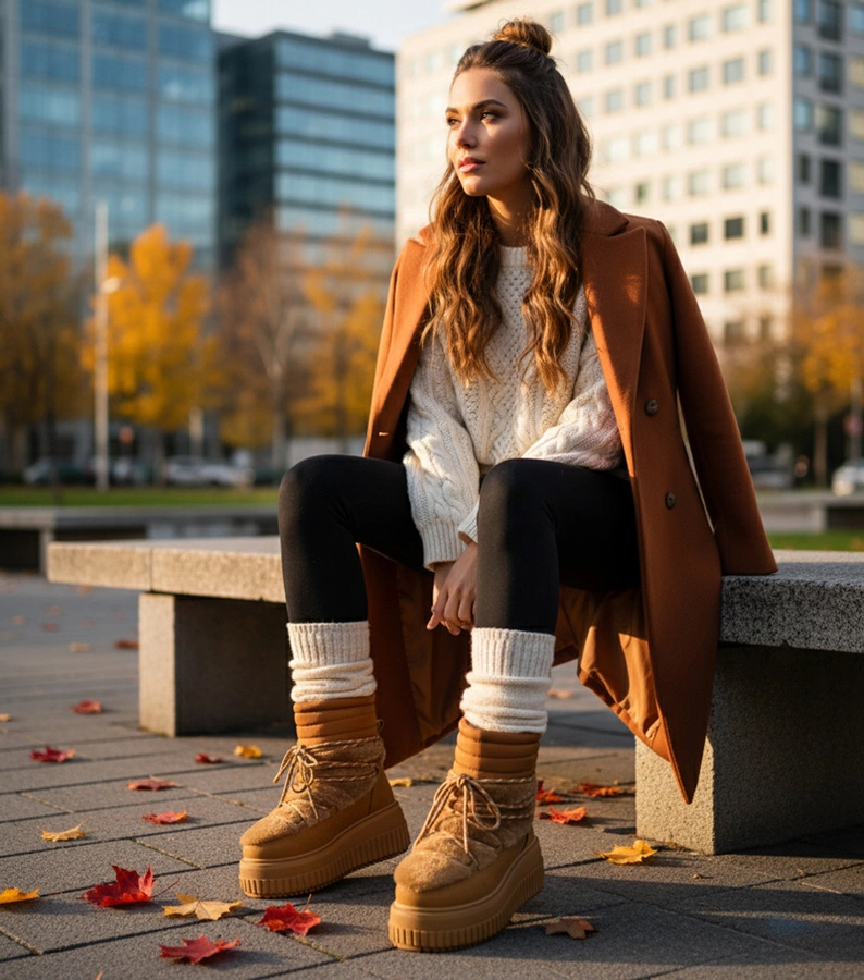 Brązowe śniegowce na platformie z futerkiem sznurowane Lydia