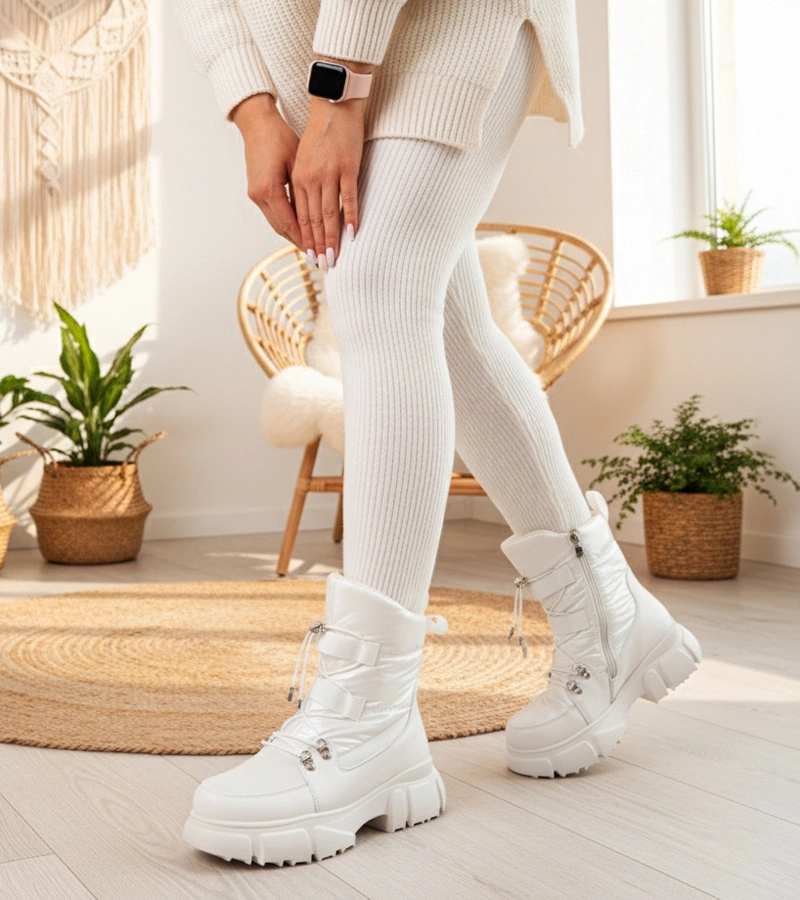 Białe śniegowce z perłową poświatą ocieplane futerkiem Jassi