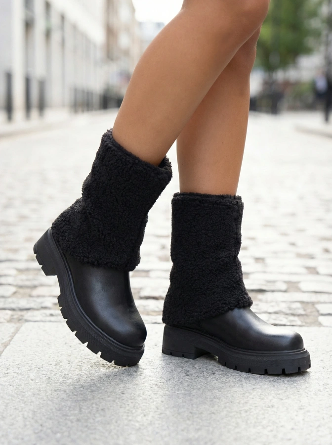 Czarne botki z wywiniętą materiałową cholewką Darlene
