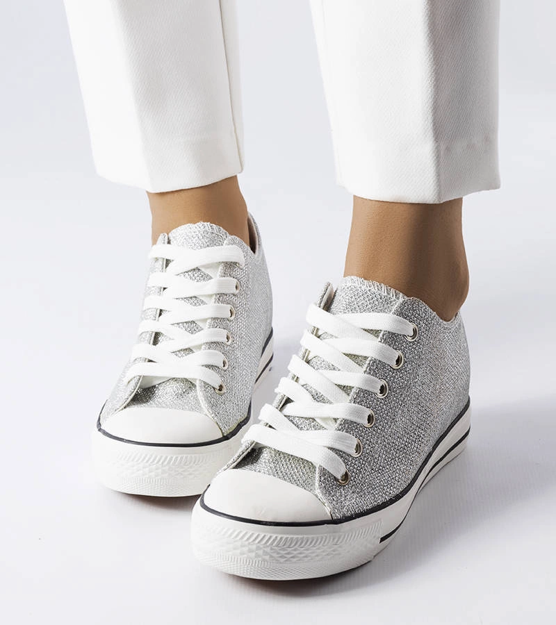 Srebrne brokatowe trampki na koturnie Crete