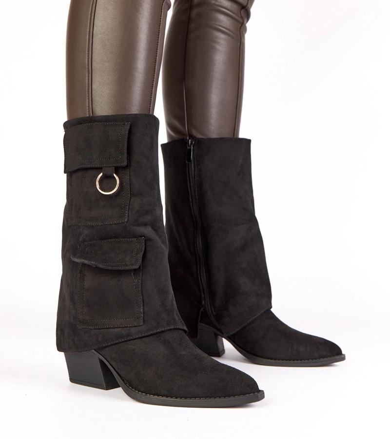 Czarne botki na słupku z kieszonkami Nadiia