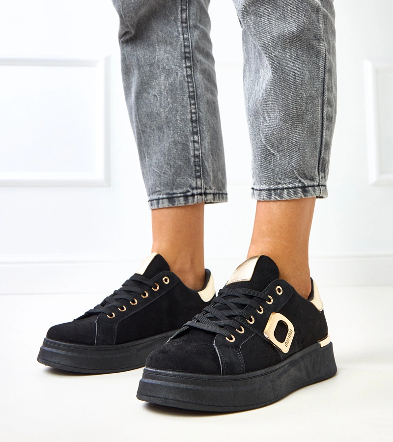 Czarne sneakersy na platformie ze złotymi dodatkami Laumen