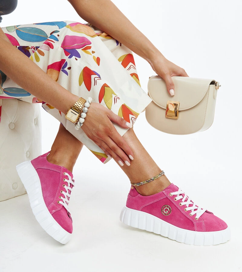 Ciemnoróżowe skórzane sneakersy z cyrkoniami Stradone