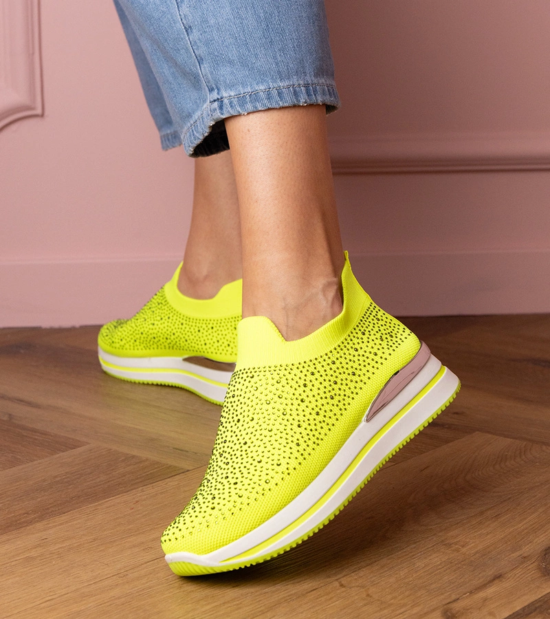 Zółte neonowe tenisówki na platformie z cyrkoniami Luizet