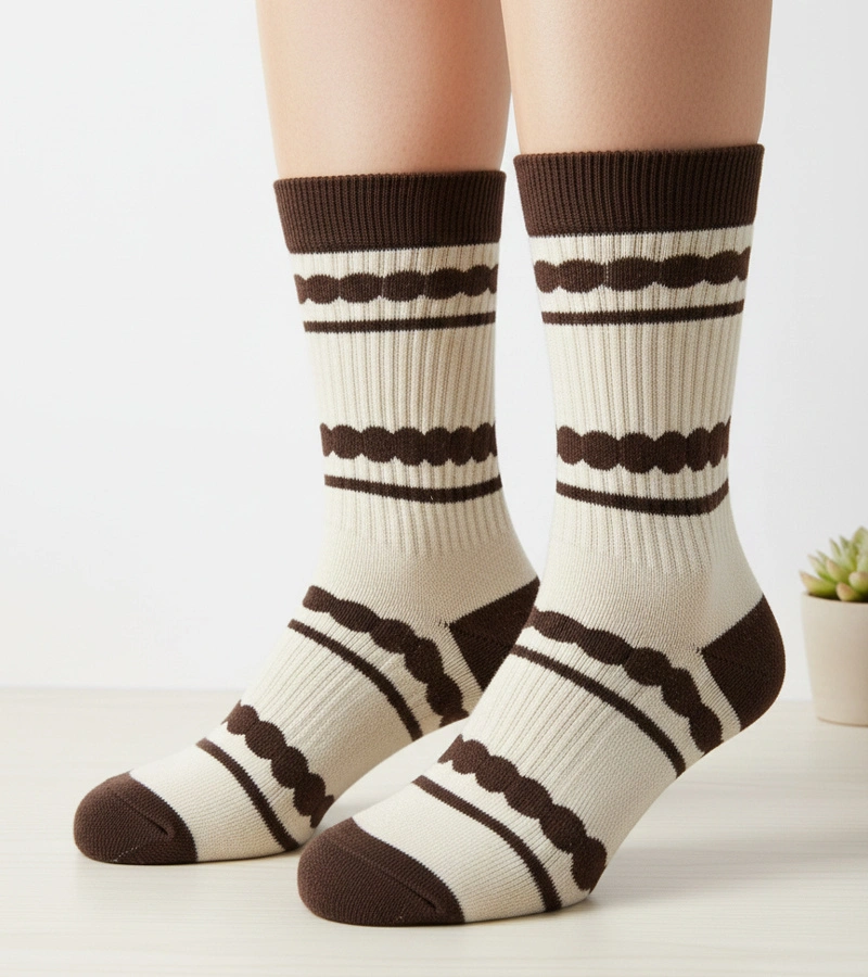 Beżowe skarpetki z brązowymi wstawkami Sella