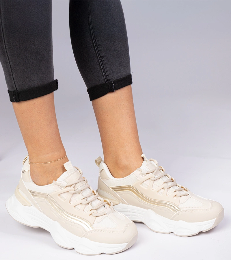Beżowe damskie sneakersy ze złotym dodatkiem Kella