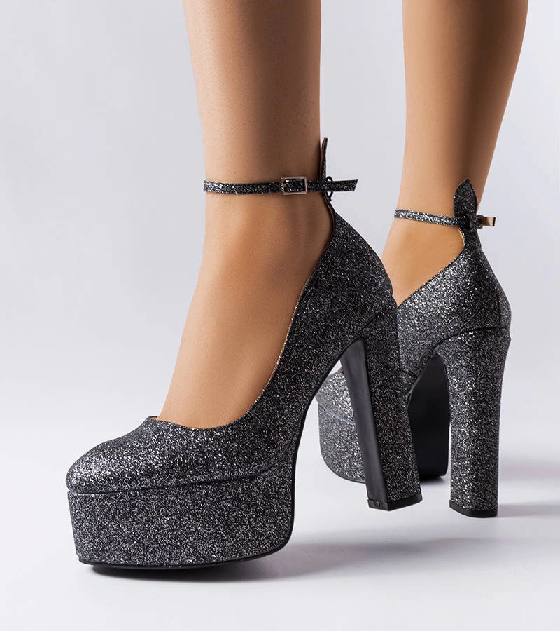 Czarne brokatowe czółenka na słupku Bellamy