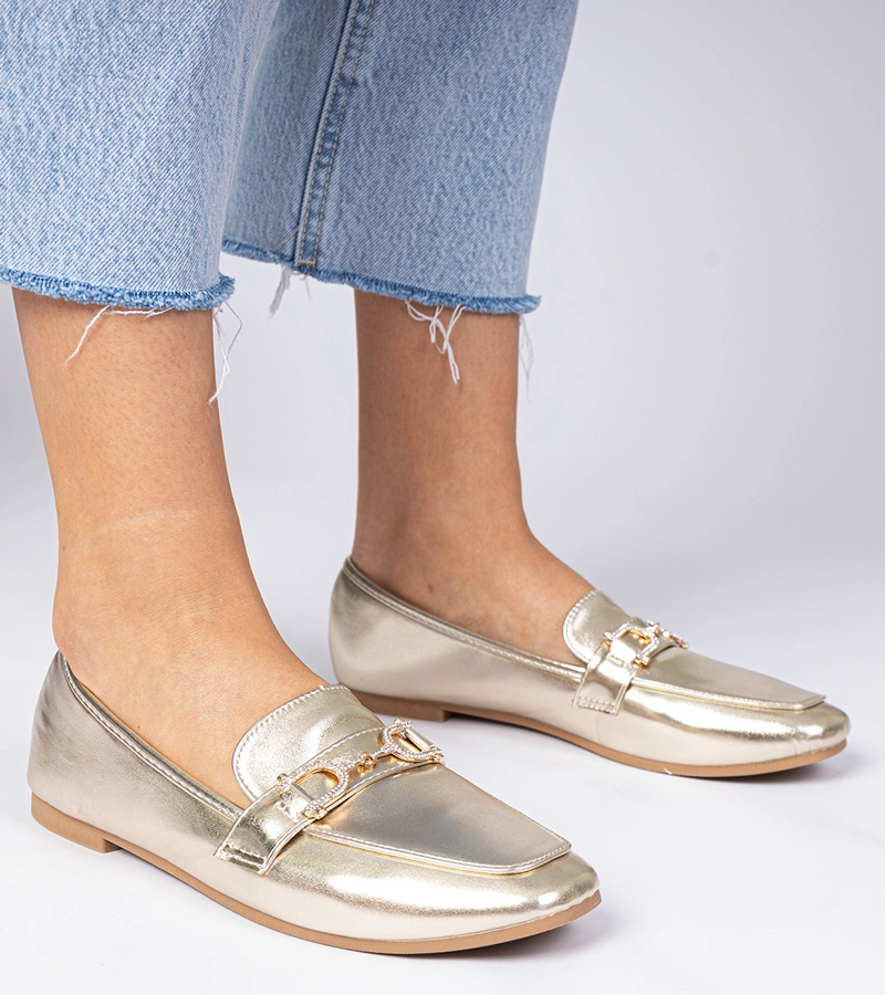 Złote eleganckie mokasyny z cyrkoniami Banzao