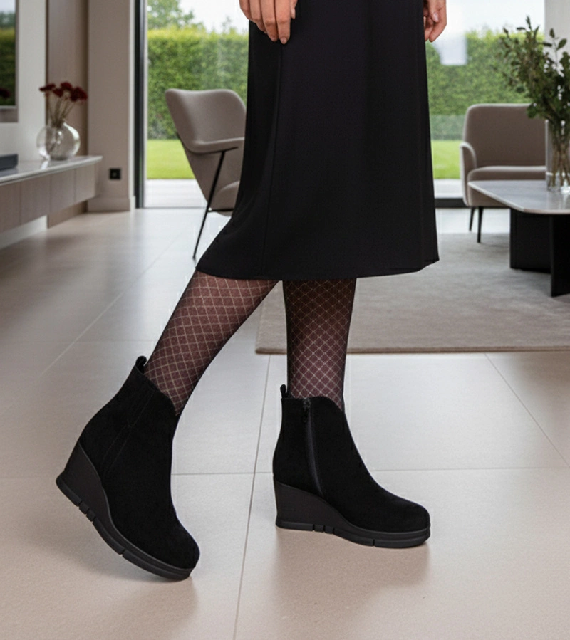 Czarne botki na koturnie z ekozamszu Adala