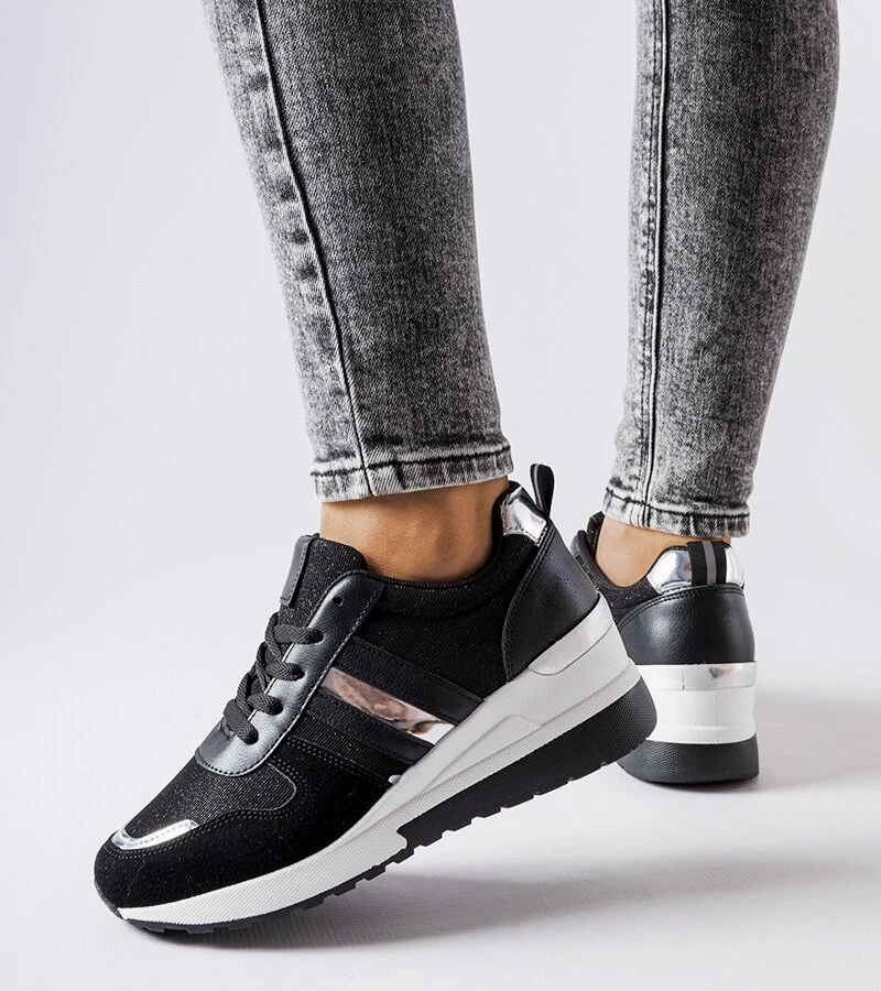 Czarno-Srebrne sneakersy na koturnie Titusville