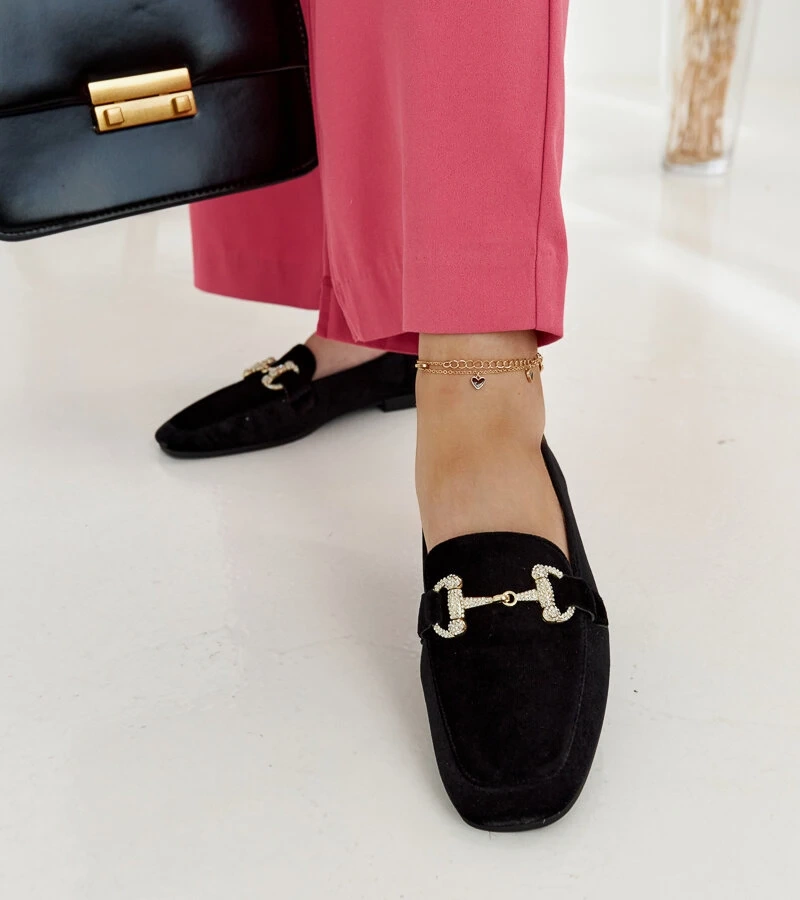 Czarne welurowe mokasyny z cyrkoniami Fabrizia