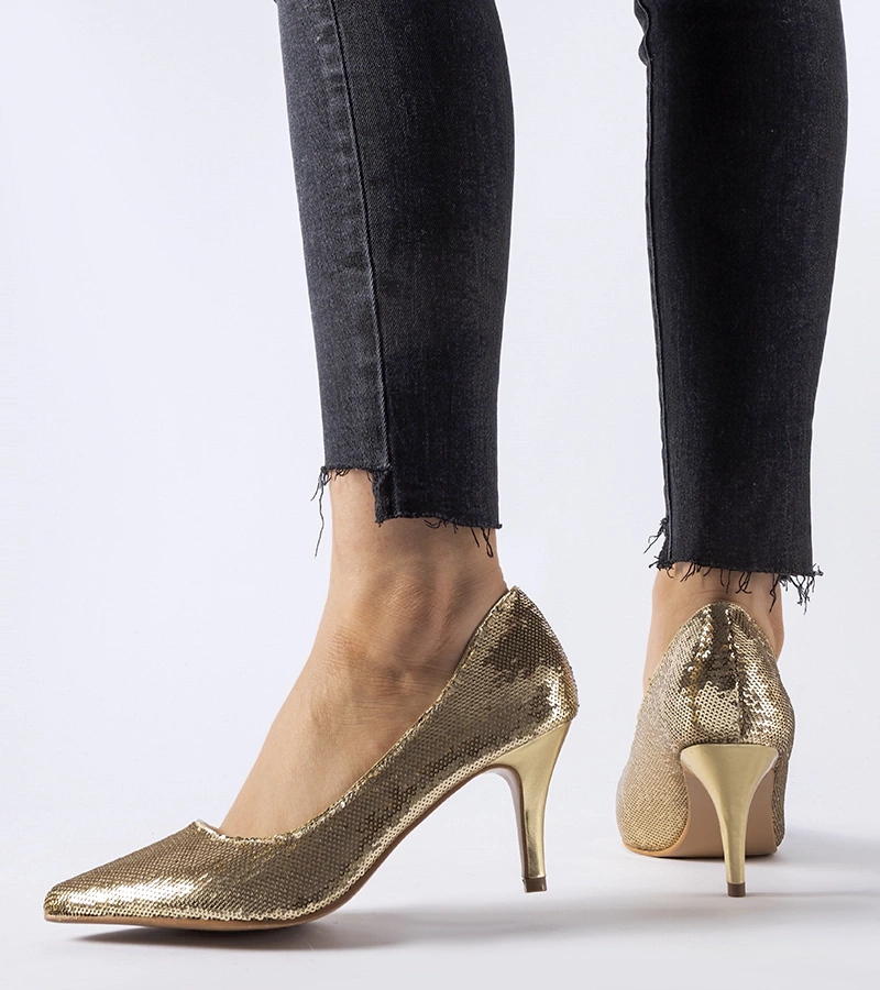 Złote cekinowe czółenka na szpilce Ernesto