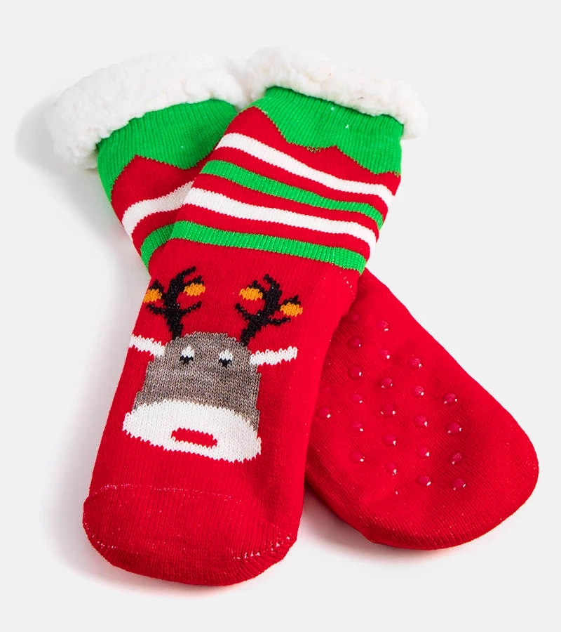 Czerwone ocieplane skarpety z Reniferem Challi