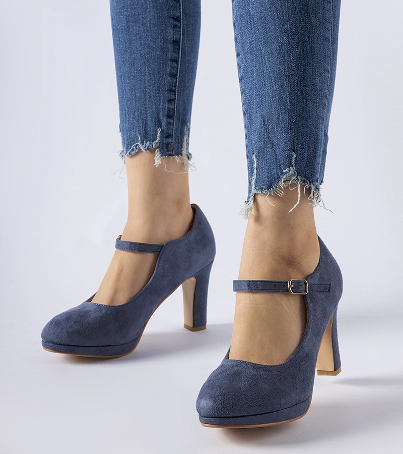 Granatowe buty na słupku z zapięciem Serri