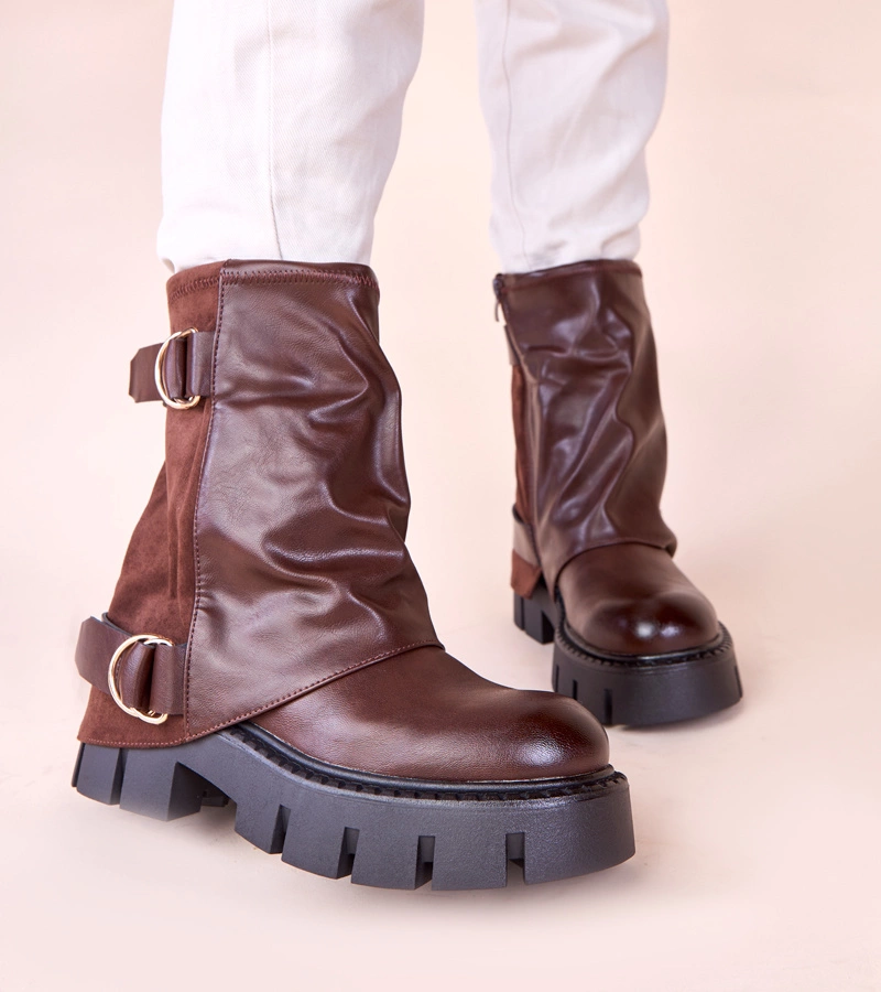 Brązowe botki na platformie z wywiniętą cholewką Cenda