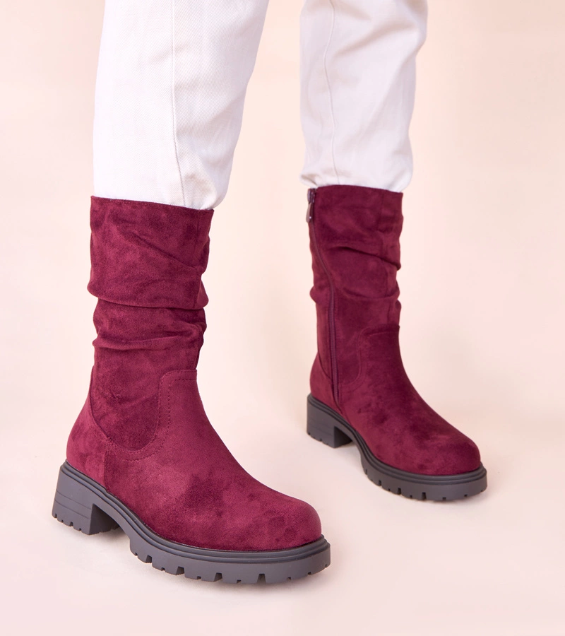 Bordowe botki na platformie z marszczeniem Malha
