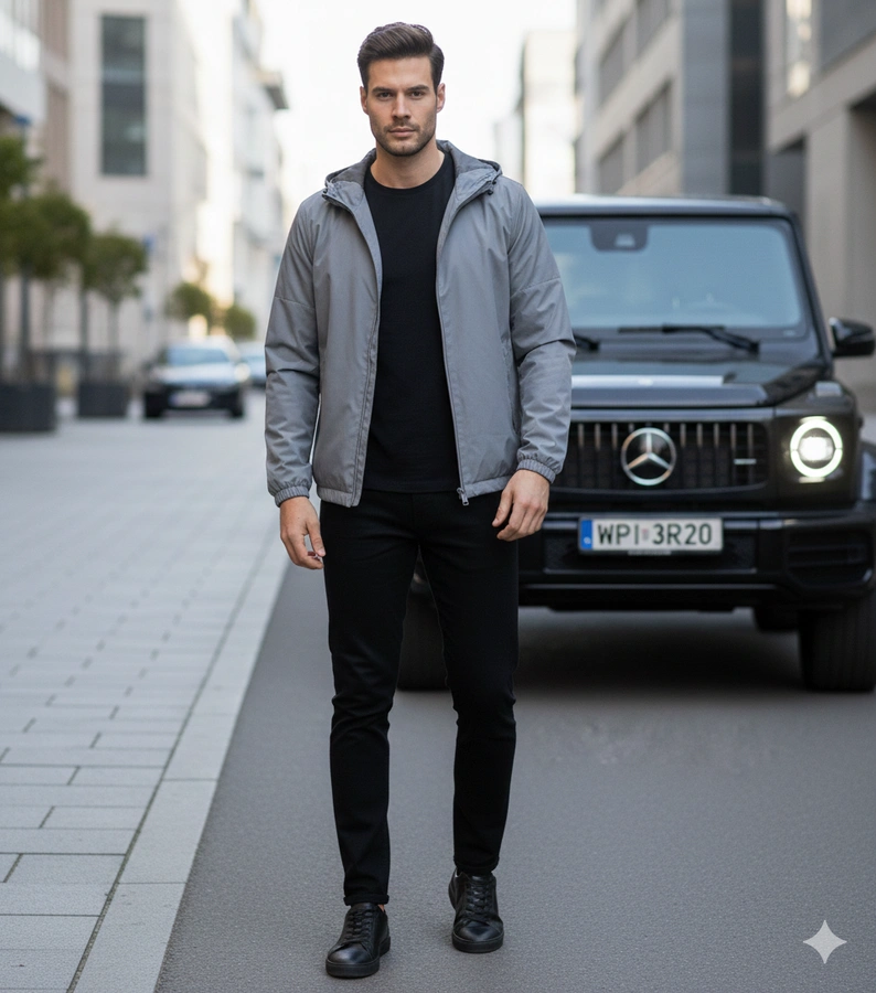 Szara męska wiatrówka z kapturem Brault