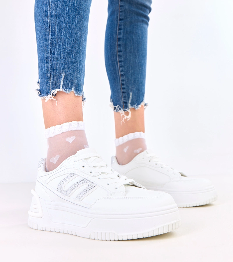 Białe sneakersy na platformie zdobione cyrkoniami Grima