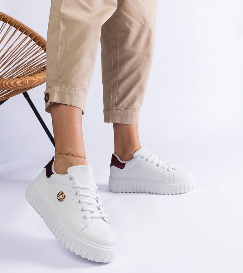 Biało-bordowe sneakersy na grubej podeszwie Tracie
