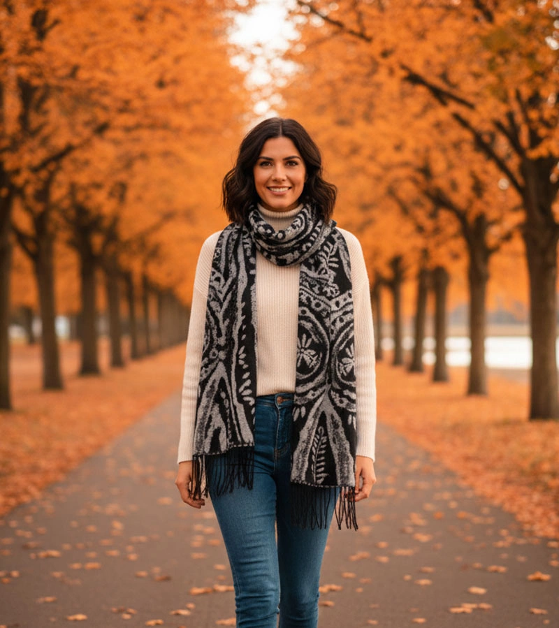 Czarno-biały szalik w kwiaty Colonie