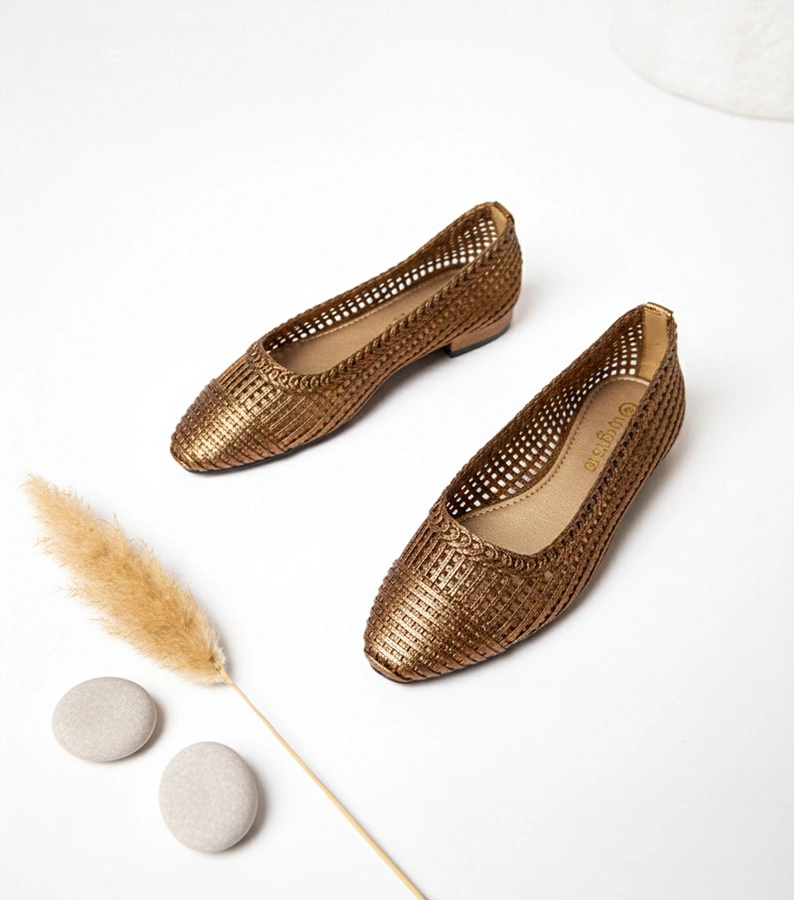 Brązowe ażurowe balerinki na niskim obcasie Simone