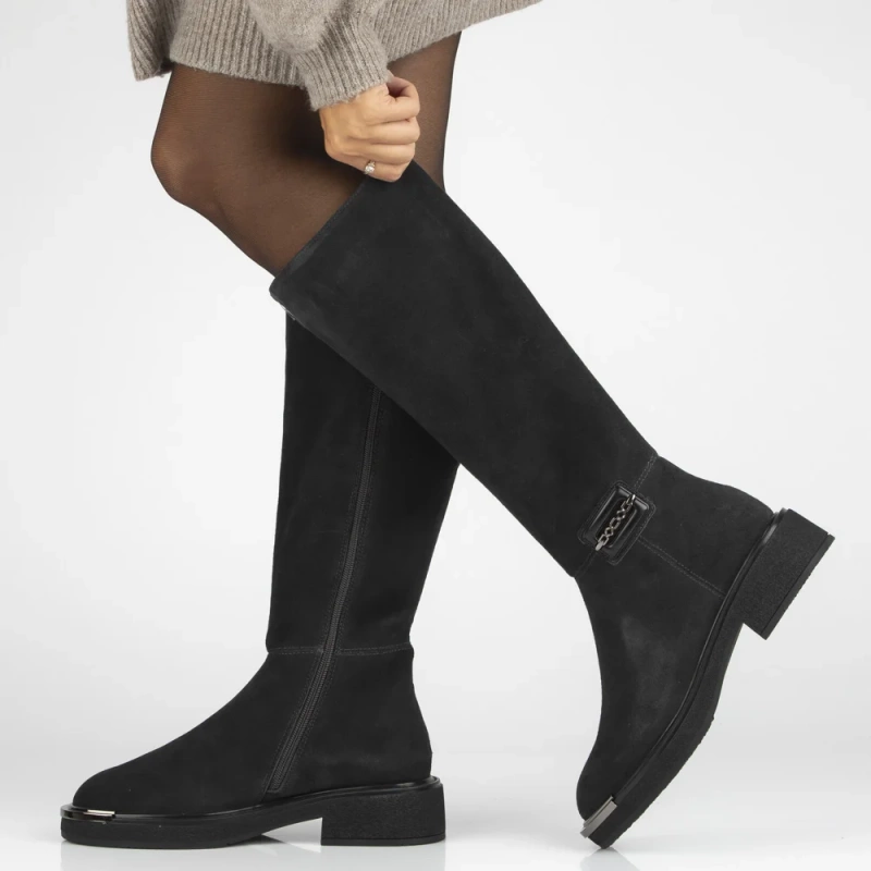 Grafitowe kozaki z naturalnego zamszu z ozdobnym noskiem Charlie