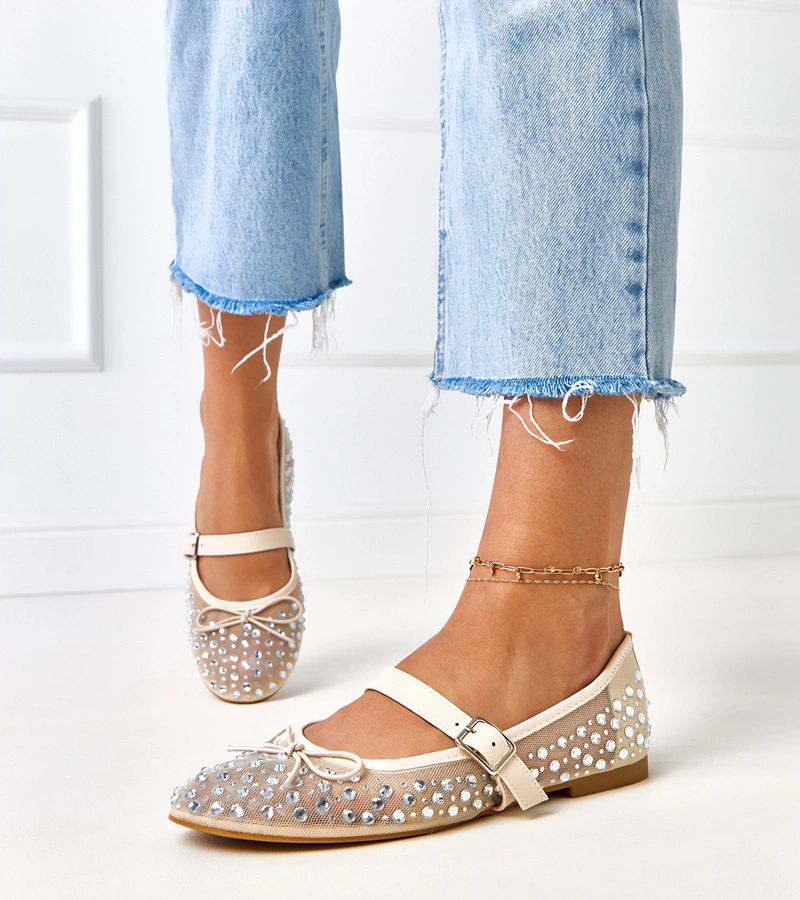 Beżowe baleriny siateczkowe z kryształkami Elasida