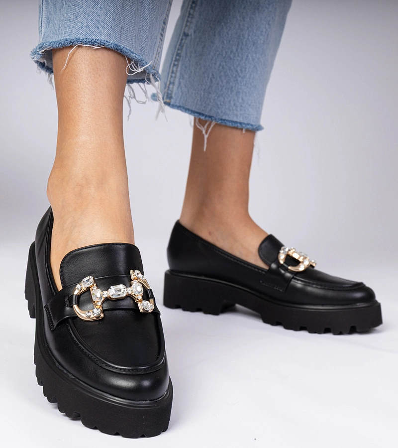 Czarne eleganckie mokasyny z cyrkoniami Zelda
