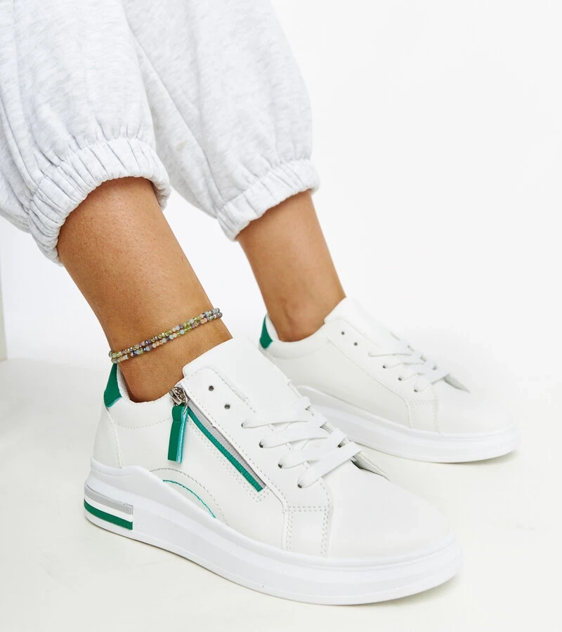 Białe sneakersy z zielonymi wstawkami Anaunia