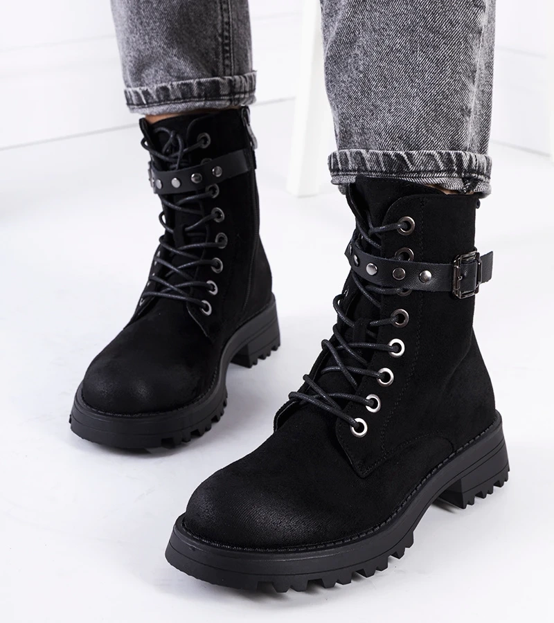 Czarne botki damskie sznurowane Narnclaedra