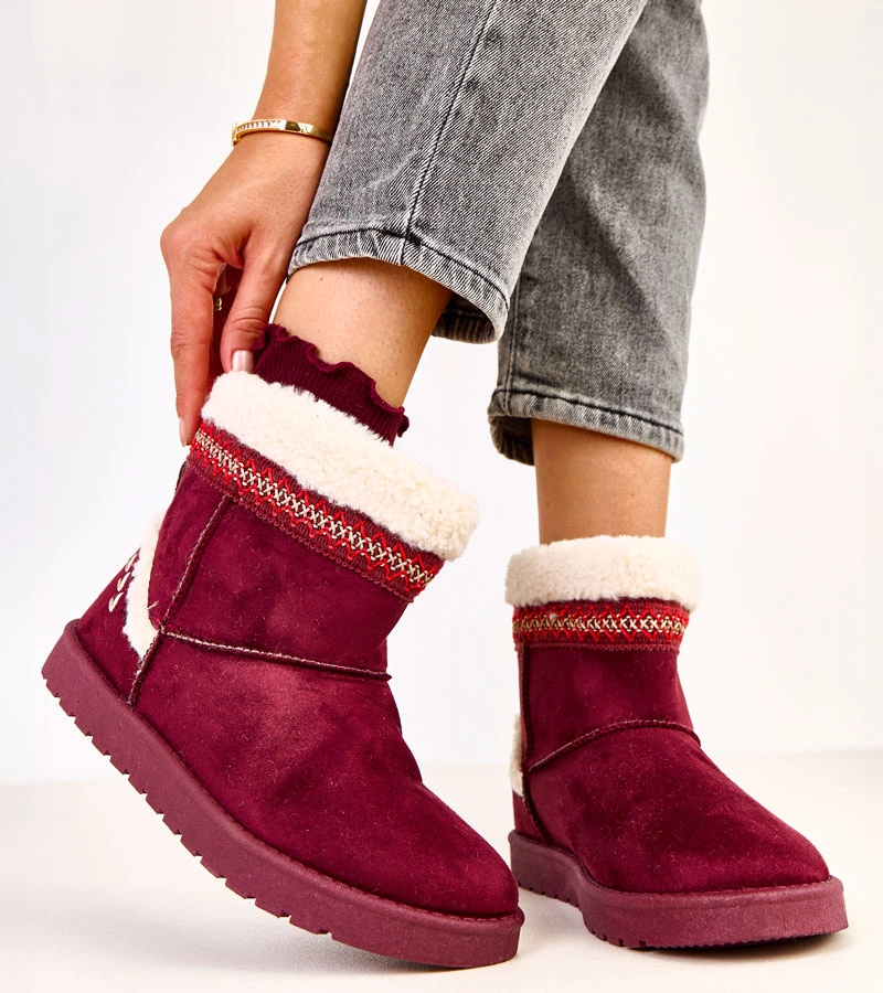 Bordowe niskie śniegowce zdobione haftem Sensila