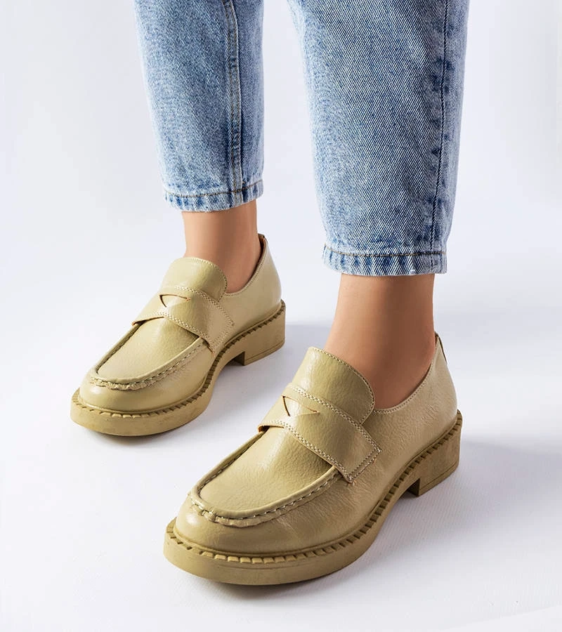 Zielone mokasyny eleganckie skórzane na grubej podeszwie Élodie