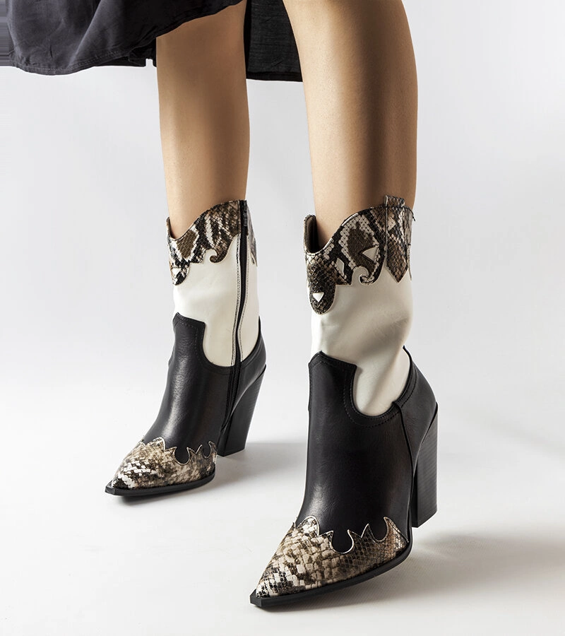 Czarno-brązowe kowbojki ze wstawkami węża Semi