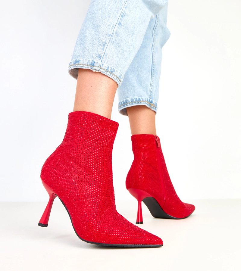 Czerwone botki na szpilce zdobione cyrkoniami Alica