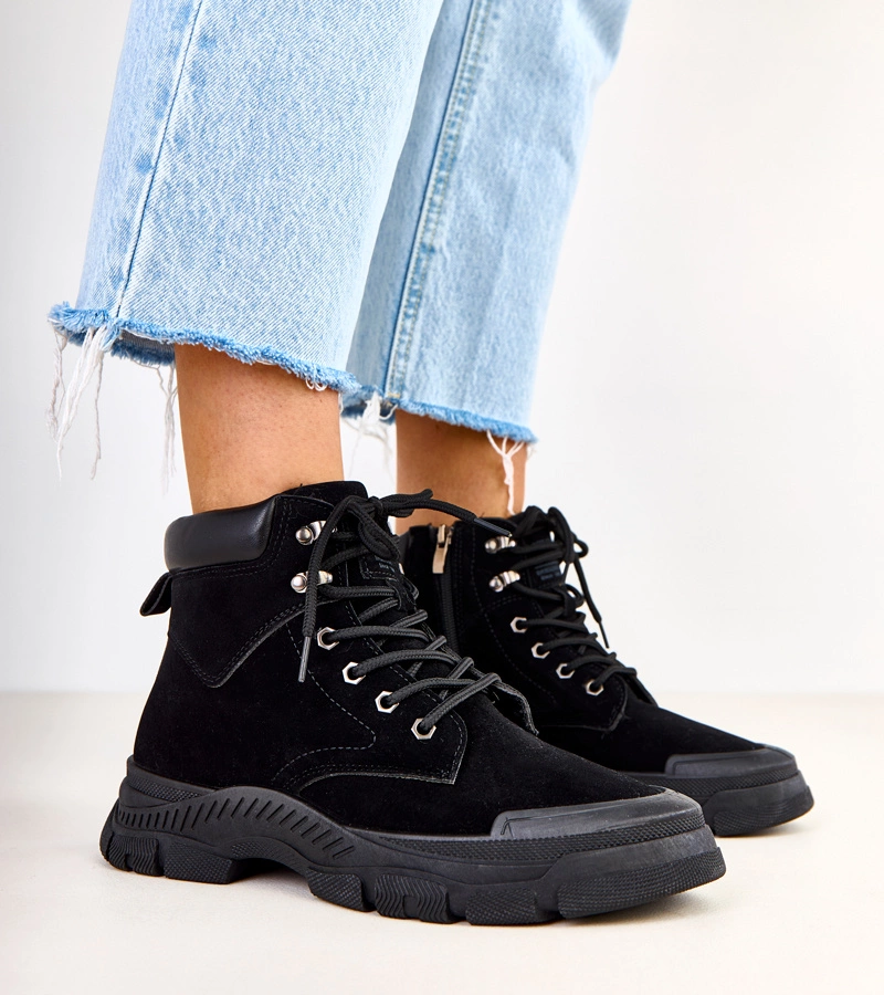 Czarne traperki damskie ekozamszowe Eliada