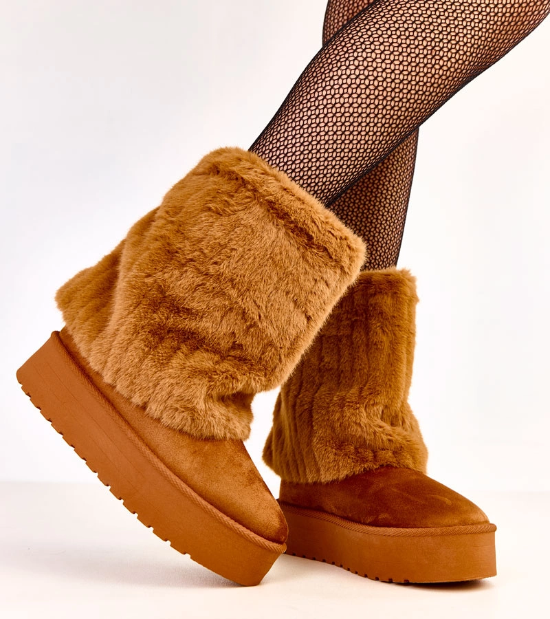 Brązowe śniegowce na platformie z futerkową cholewką Leda