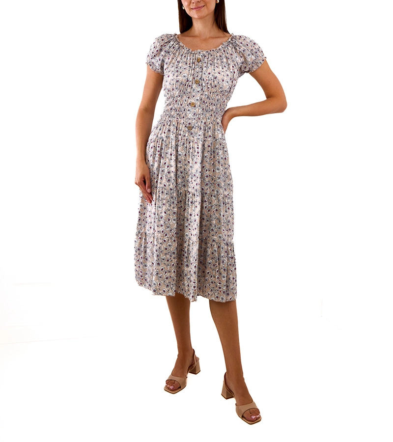 Beżowa sukienka midi w kwiaty Eloize