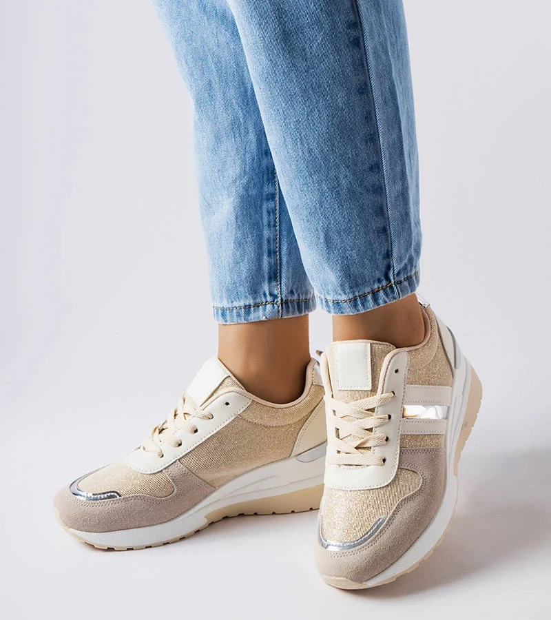 Beżowo-Srebrne sneakersy na koturnie Titusville