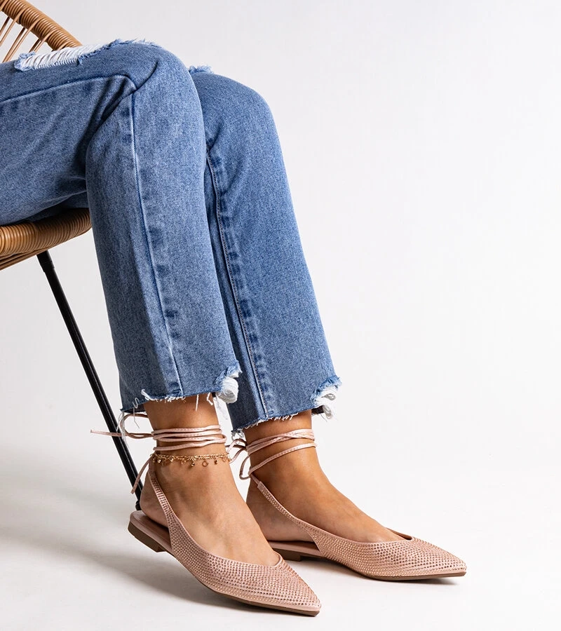 Wiązane różowe balerinki z cyrkoniami  Safine