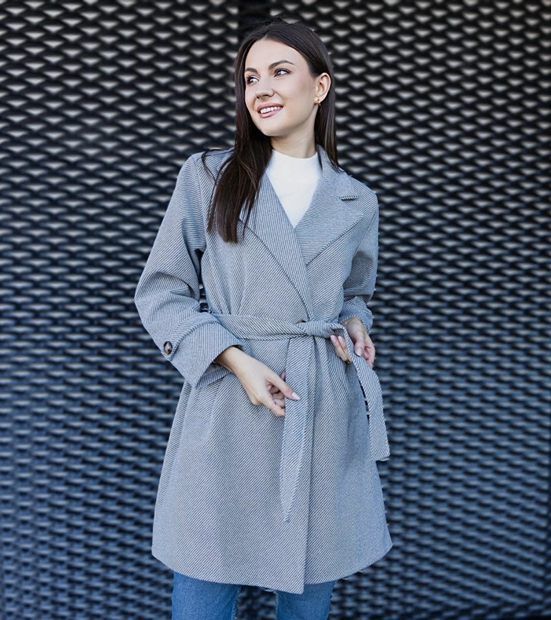 Elegancki szary płaszcz wiązany oversize Bahera