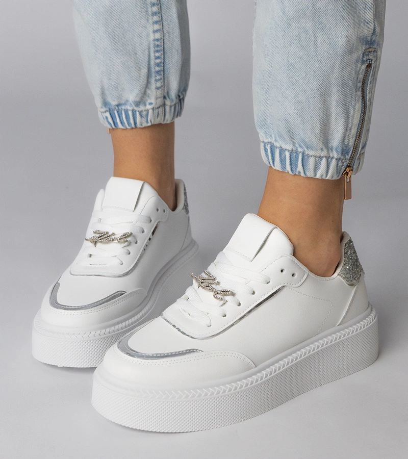 Biało-srebrne sneakersy zdobione brokatem i cyrkoniami Felura