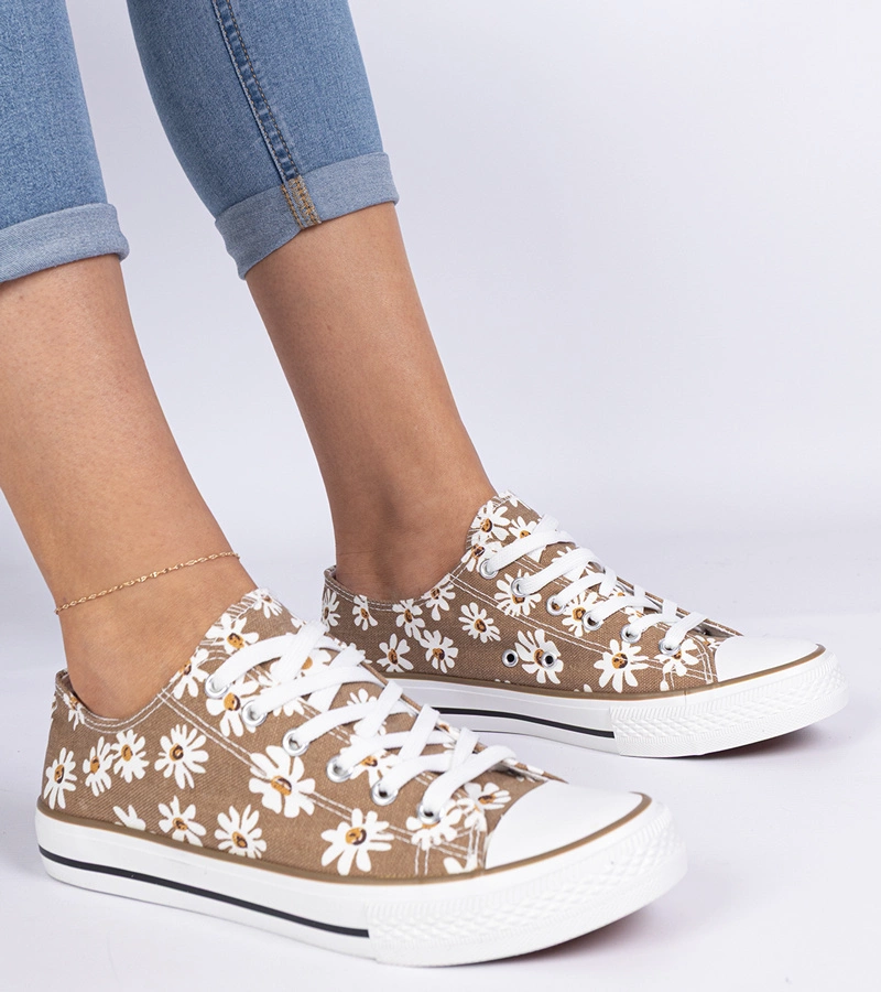 Brązowe trampki damskie materiałowe w kwiatuszki Lazates