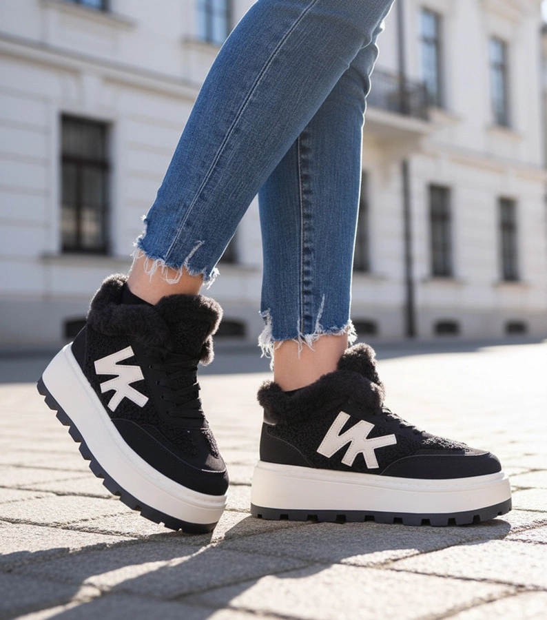 Czarne sneakersy ocieplane z futerkiem Nicha