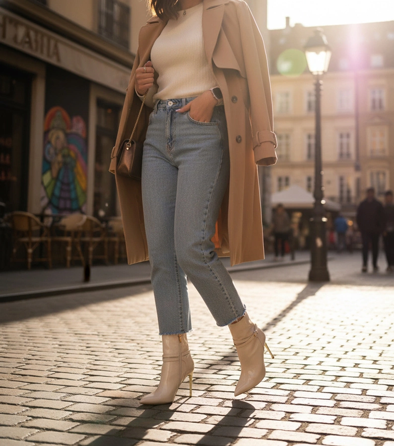 Beżowe botki na złotej szpilce z połyskiem Carmila