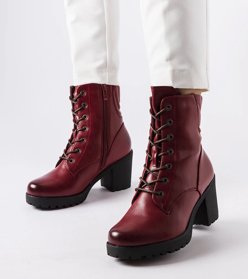 Bordowe ocieplane botki na słupku  Lanza