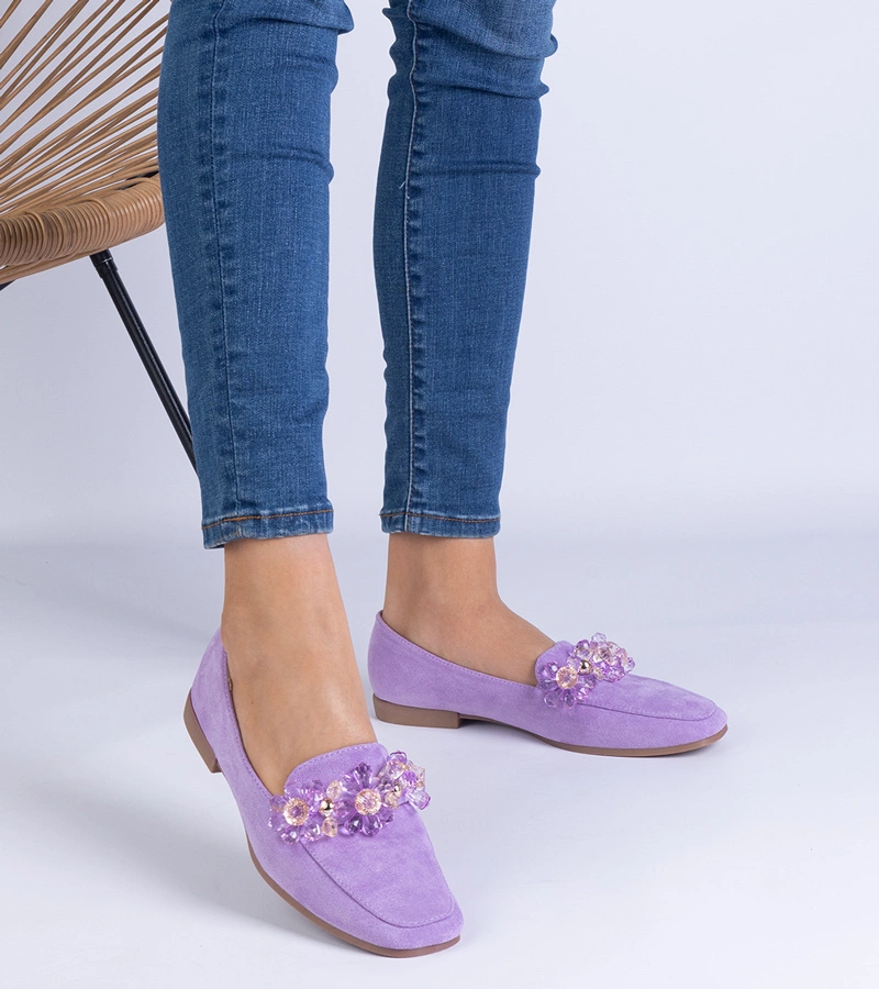 Fioletowe ekozamszowe mokasyny z kryształkami Leviola