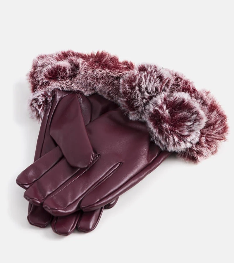 Bordowe rękawiczki ocieplane z puszkiem Pragi