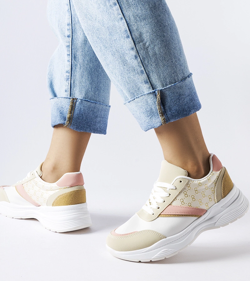 Beżowo-białe sneakersy ze złotym akcentem duffy
