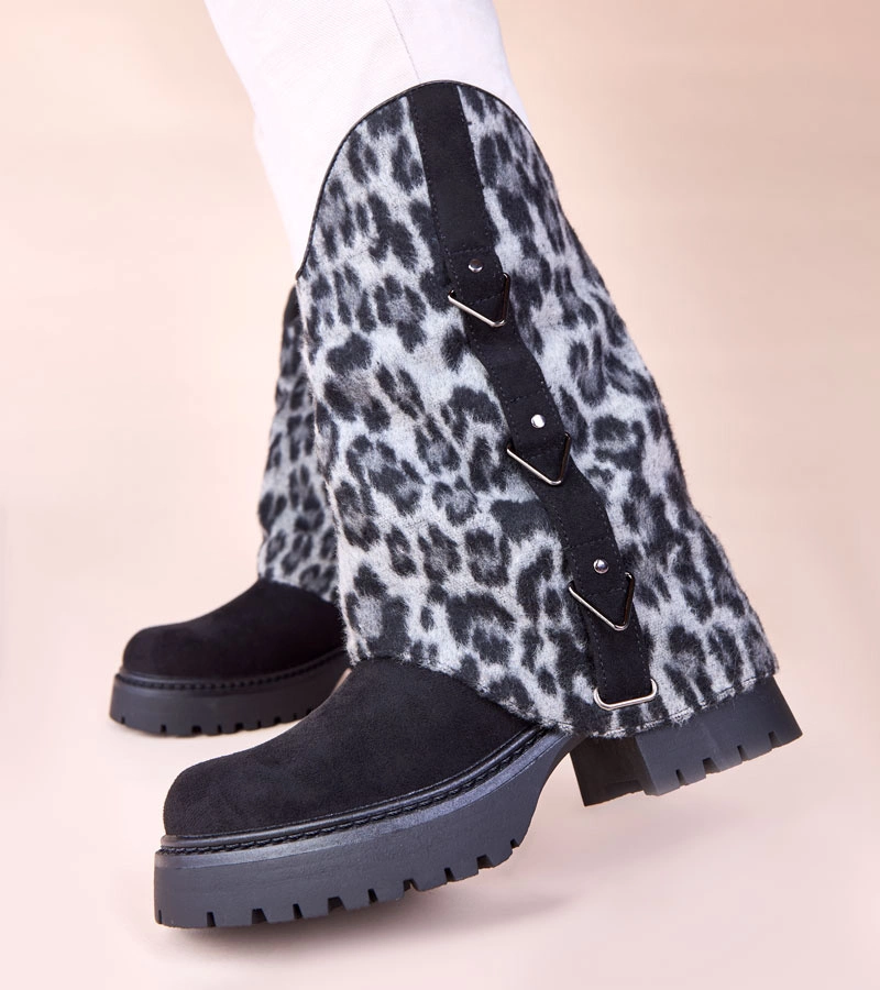 Czarne botki z panterkową wywiniętą cholewką Kaylia