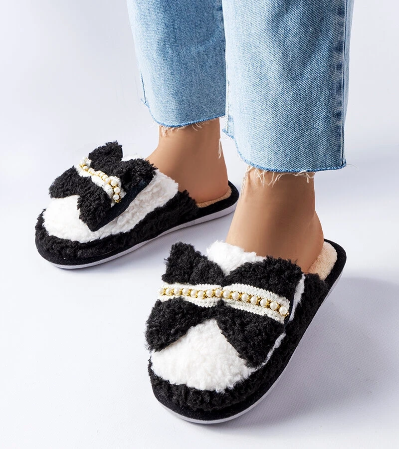 Czarno-białe kapcie z kokardką Bow